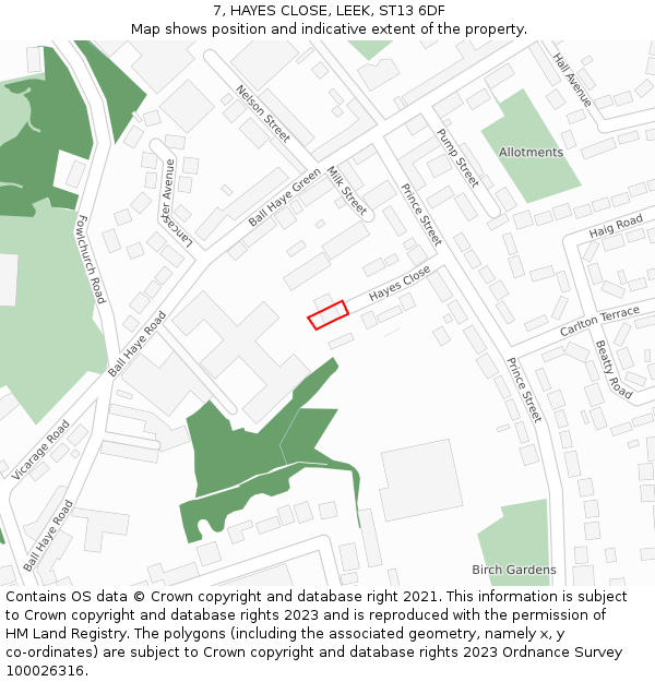 7, HAYES CLOSE, LEEK, ST13 6DF: Location map and indicative extent of plot