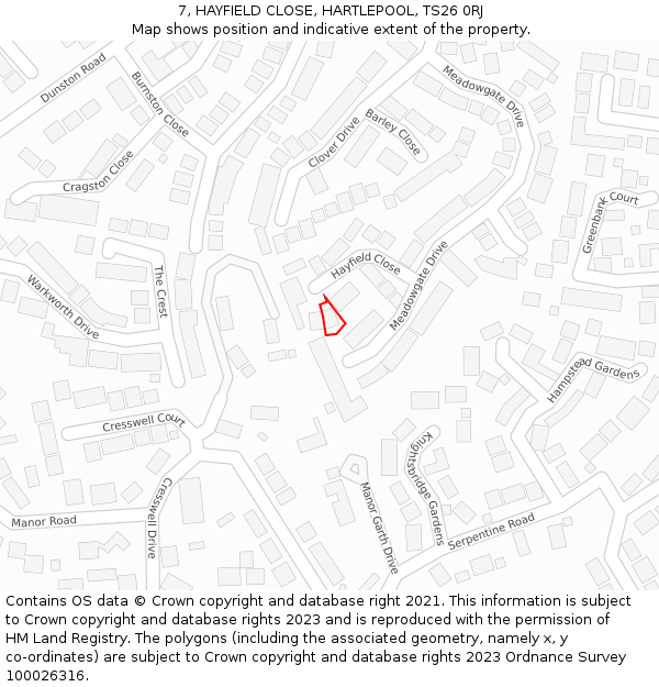 7, HAYFIELD CLOSE, HARTLEPOOL, TS26 0RJ: Location map and indicative extent of plot