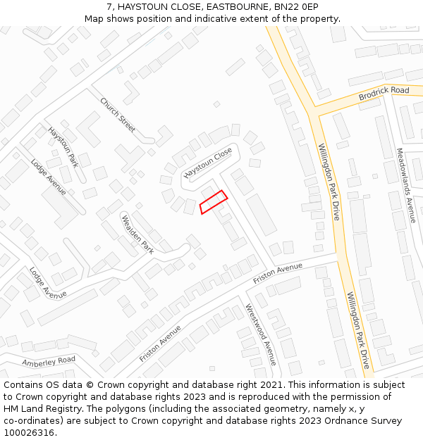 7, HAYSTOUN CLOSE, EASTBOURNE, BN22 0EP: Location map and indicative extent of plot