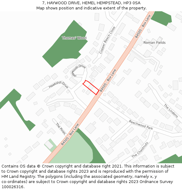 7, HAYWOOD DRIVE, HEMEL HEMPSTEAD, HP3 0SA: Location map and indicative extent of plot