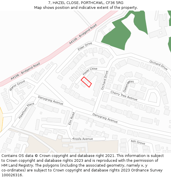 7, HAZEL CLOSE, PORTHCAWL, CF36 5RG: Location map and indicative extent of plot