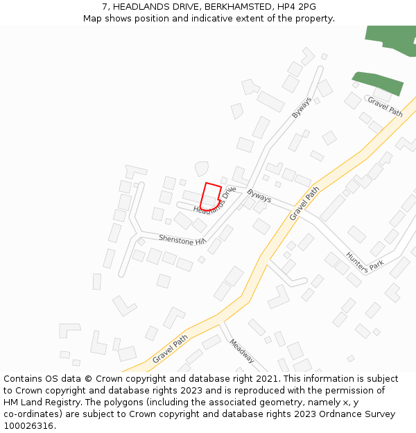 7, HEADLANDS DRIVE, BERKHAMSTED, HP4 2PG: Location map and indicative extent of plot