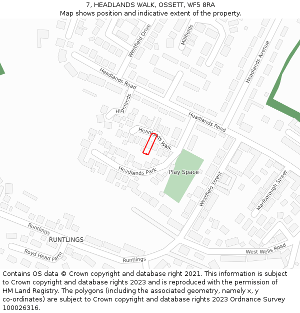 7, HEADLANDS WALK, OSSETT, WF5 8RA: Location map and indicative extent of plot