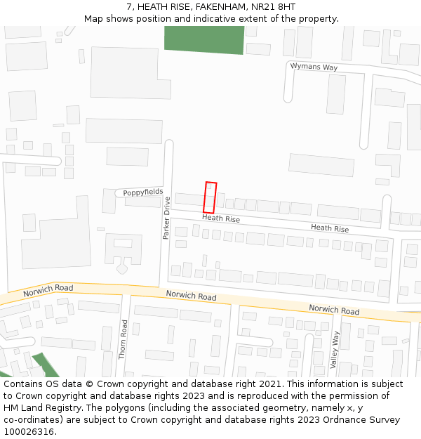 7, HEATH RISE, FAKENHAM, NR21 8HT: Location map and indicative extent of plot