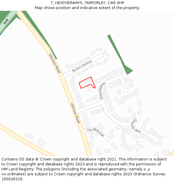 7, HEATHERWAYS, TARPORLEY, CW6 0HP: Location map and indicative extent of plot