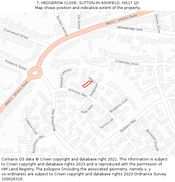 7, HEDGEROW CLOSE, SUTTON-IN-ASHFIELD, NG17 1JY: Location map and indicative extent of plot