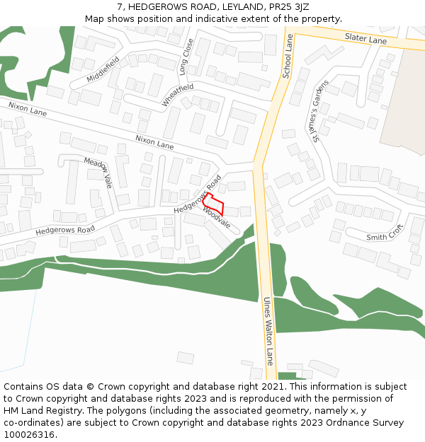 7, HEDGEROWS ROAD, LEYLAND, PR25 3JZ: Location map and indicative extent of plot