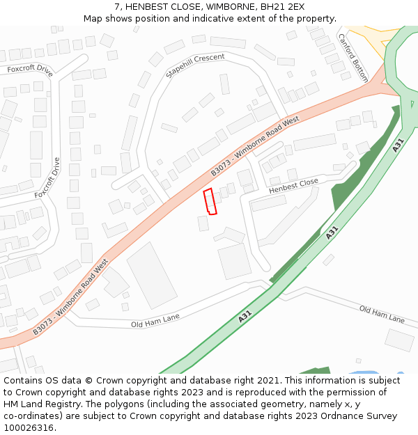 7, HENBEST CLOSE, WIMBORNE, BH21 2EX: Location map and indicative extent of plot