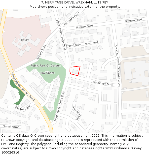 7, HERMITAGE DRIVE, WREXHAM, LL13 7EY: Location map and indicative extent of plot