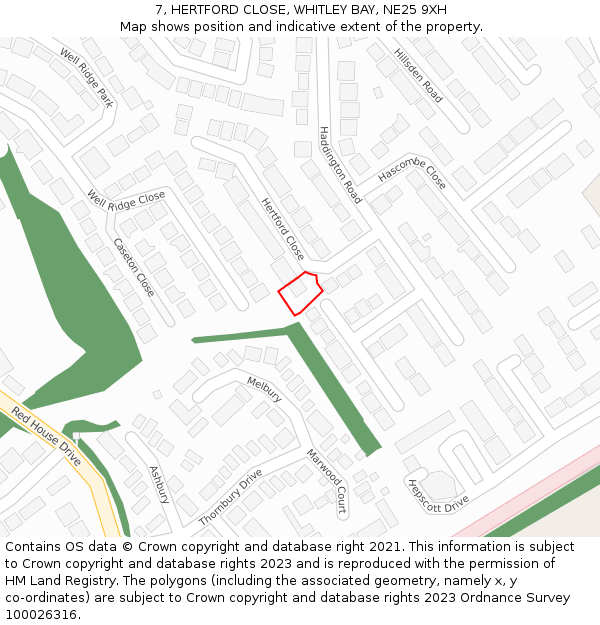 7, HERTFORD CLOSE, WHITLEY BAY, NE25 9XH: Location map and indicative extent of plot