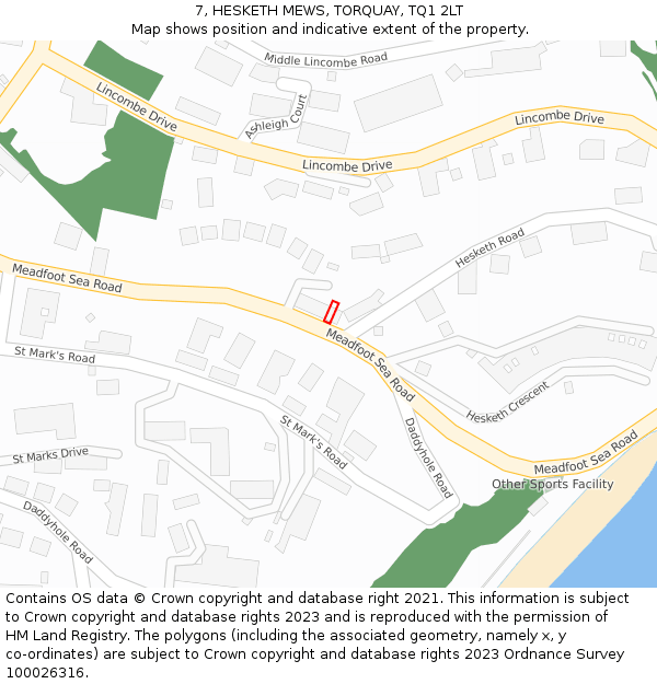 7, HESKETH MEWS, TORQUAY, TQ1 2LT: Location map and indicative extent of plot