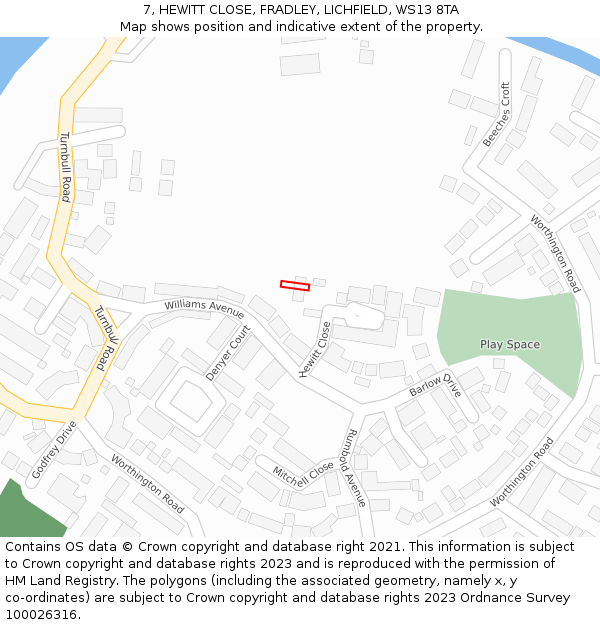 7, HEWITT CLOSE, FRADLEY, LICHFIELD, WS13 8TA: Location map and indicative extent of plot