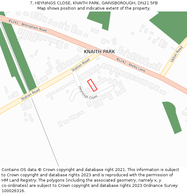 7, HEYNINGS CLOSE, KNAITH PARK, GAINSBOROUGH, DN21 5FB: Location map and indicative extent of plot