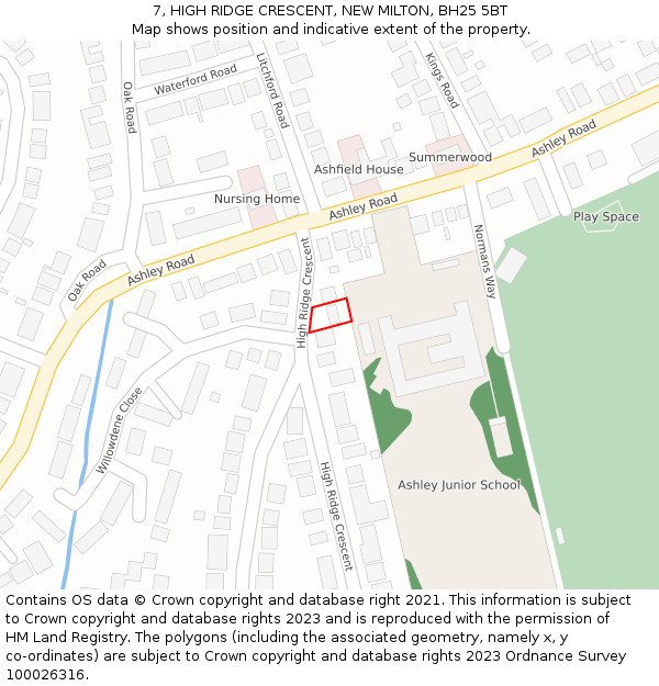 7, HIGH RIDGE CRESCENT, NEW MILTON, BH25 5BT: Location map and indicative extent of plot