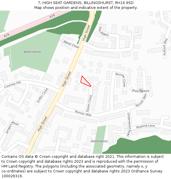 7, HIGH SEAT GARDENS, BILLINGSHURST, RH14 9SD: Location map and indicative extent of plot