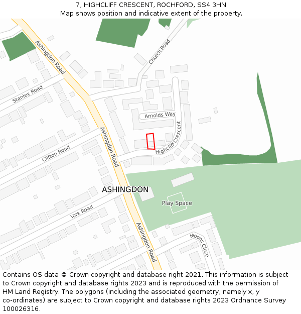 7, HIGHCLIFF CRESCENT, ROCHFORD, SS4 3HN: Location map and indicative extent of plot