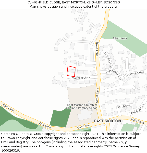 7, HIGHFIELD CLOSE, EAST MORTON, KEIGHLEY, BD20 5SG: Location map and indicative extent of plot