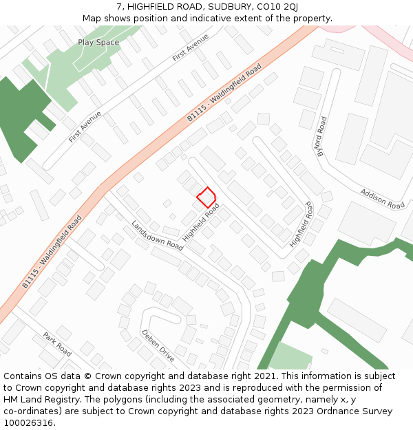 7, HIGHFIELD ROAD, SUDBURY, CO10 2QJ: Location map and indicative extent of plot