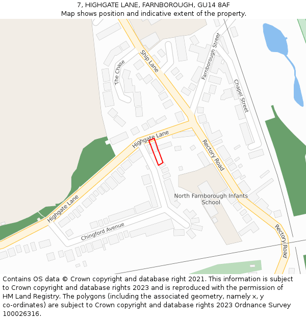 7, HIGHGATE LANE, FARNBOROUGH, GU14 8AF: Location map and indicative extent of plot