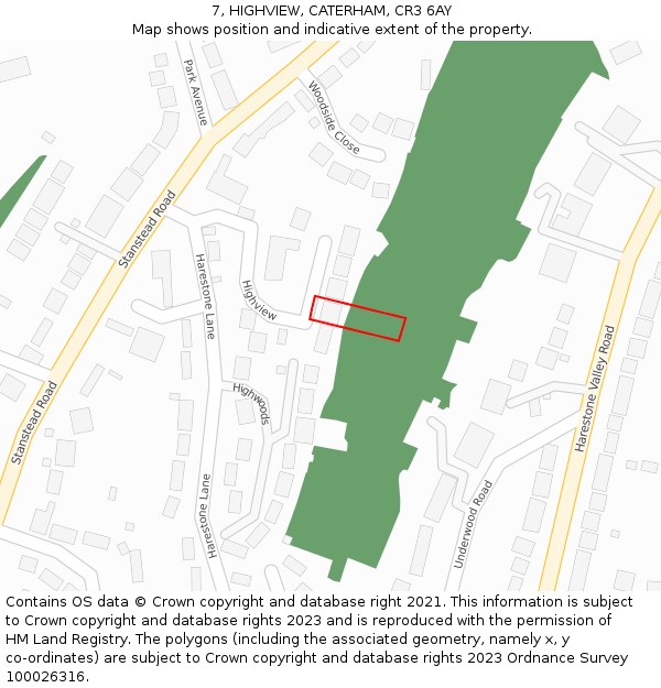7, HIGHVIEW, CATERHAM, CR3 6AY: Location map and indicative extent of plot