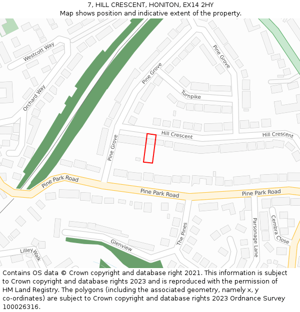 7, HILL CRESCENT, HONITON, EX14 2HY: Location map and indicative extent of plot