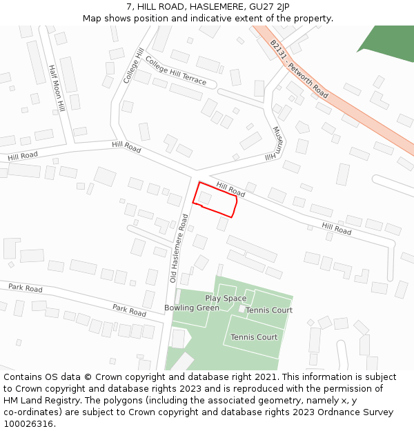 7, HILL ROAD, HASLEMERE, GU27 2JP: Location map and indicative extent of plot