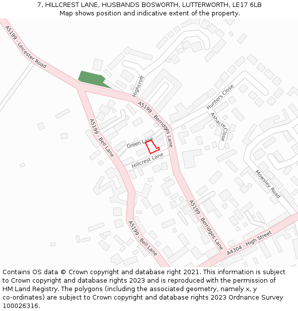 7, HILLCREST LANE, HUSBANDS BOSWORTH, LUTTERWORTH, LE17 6LB: Location map and indicative extent of plot