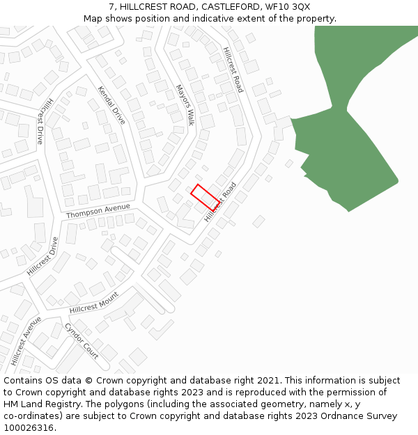 7, HILLCREST ROAD, CASTLEFORD, WF10 3QX: Location map and indicative extent of plot