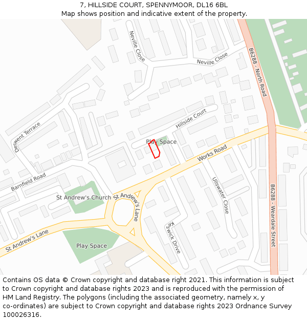 7, HILLSIDE COURT, SPENNYMOOR, DL16 6BL: Location map and indicative extent of plot