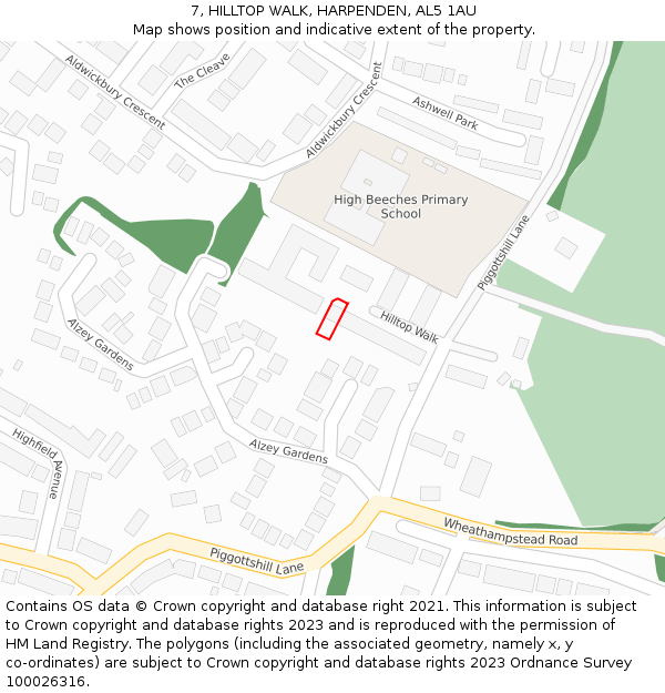 7, HILLTOP WALK, HARPENDEN, AL5 1AU: Location map and indicative extent of plot