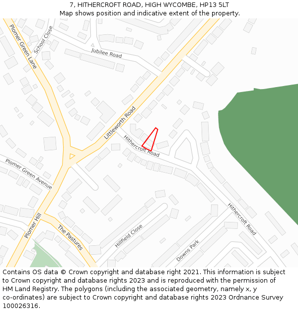 7, HITHERCROFT ROAD, HIGH WYCOMBE, HP13 5LT: Location map and indicative extent of plot