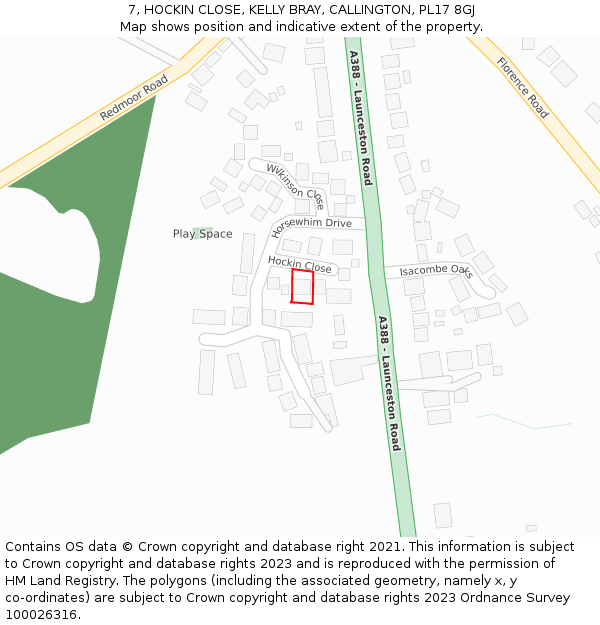 7, HOCKIN CLOSE, KELLY BRAY, CALLINGTON, PL17 8GJ: Location map and indicative extent of plot