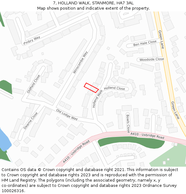 7, HOLLAND WALK, STANMORE, HA7 3AL: Location map and indicative extent of plot