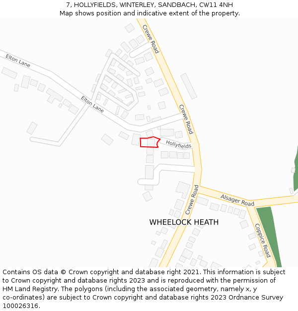 7, HOLLYFIELDS, WINTERLEY, SANDBACH, CW11 4NH: Location map and indicative extent of plot