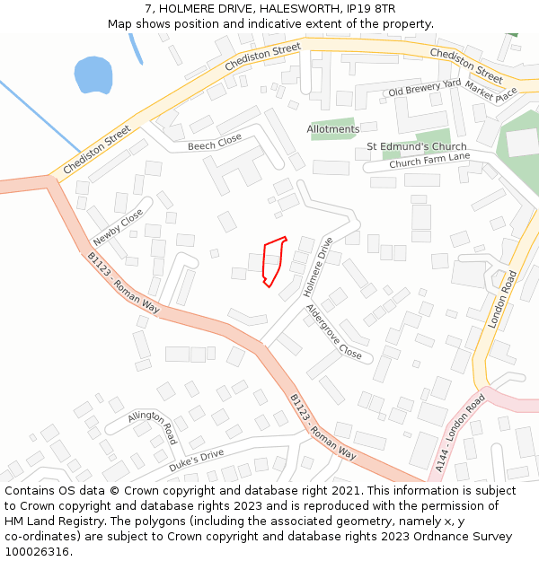 7, HOLMERE DRIVE, HALESWORTH, IP19 8TR: Location map and indicative extent of plot