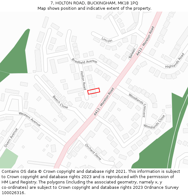 7, HOLTON ROAD, BUCKINGHAM, MK18 1PQ: Location map and indicative extent of plot