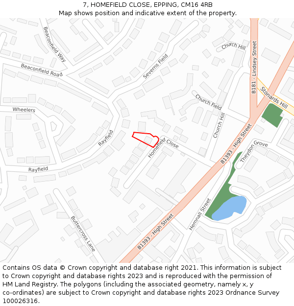 7, HOMEFIELD CLOSE, EPPING, CM16 4RB: Location map and indicative extent of plot