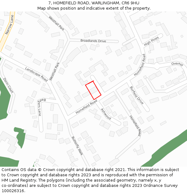 7, HOMEFIELD ROAD, WARLINGHAM, CR6 9HU: Location map and indicative extent of plot