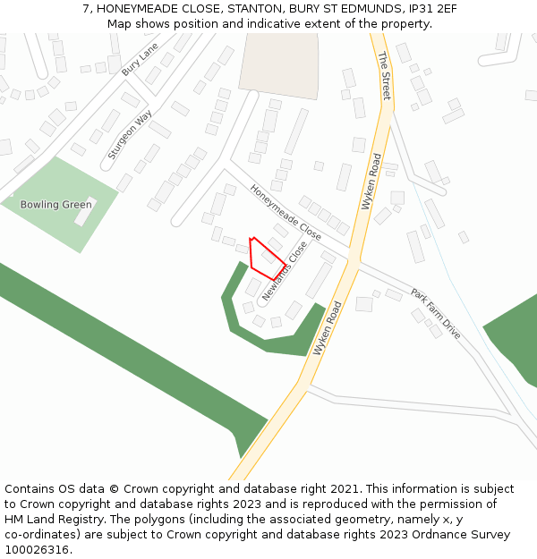 7, HONEYMEADE CLOSE, STANTON, BURY ST EDMUNDS, IP31 2EF: Location map and indicative extent of plot