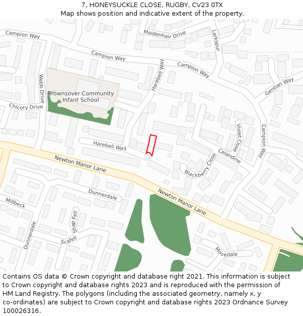 7, HONEYSUCKLE CLOSE, RUGBY, CV23 0TX: Location map and indicative extent of plot