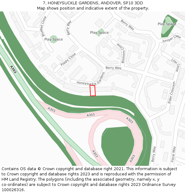 7, HONEYSUCKLE GARDENS, ANDOVER, SP10 3DD: Location map and indicative extent of plot