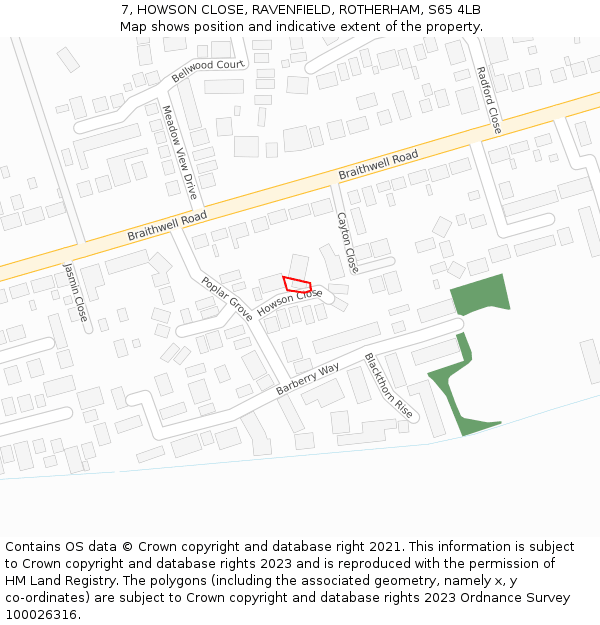 7, HOWSON CLOSE, RAVENFIELD, ROTHERHAM, S65 4LB: Location map and indicative extent of plot