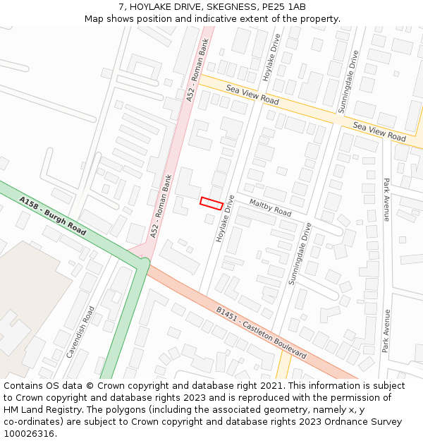 7, HOYLAKE DRIVE, SKEGNESS, PE25 1AB: Location map and indicative extent of plot