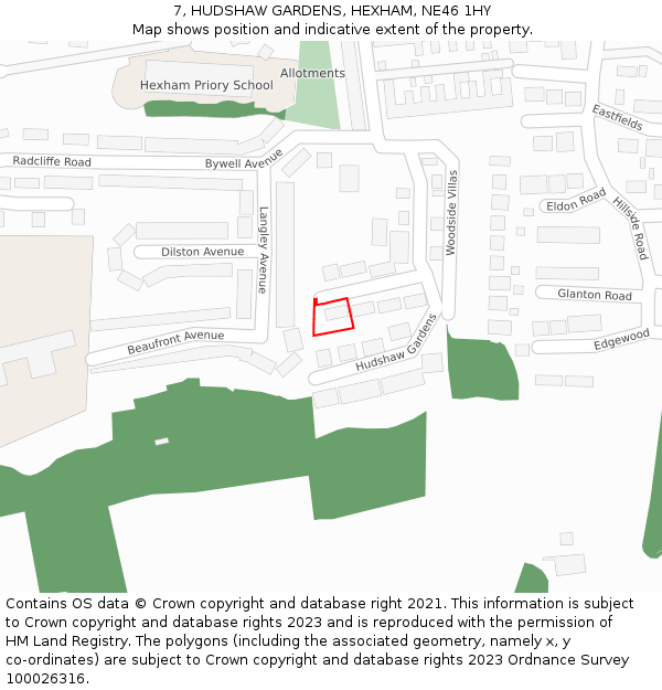 7, HUDSHAW GARDENS, HEXHAM, NE46 1HY: Location map and indicative extent of plot