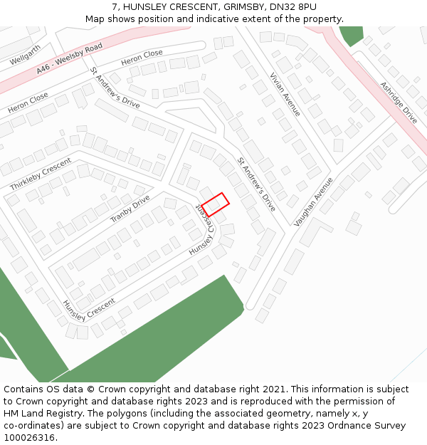 7, HUNSLEY CRESCENT, GRIMSBY, DN32 8PU: Location map and indicative extent of plot