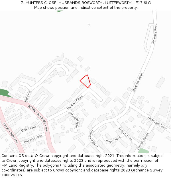 7, HUNTERS CLOSE, HUSBANDS BOSWORTH, LUTTERWORTH, LE17 6LG: Location map and indicative extent of plot