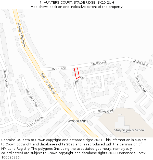 7, HUNTERS COURT, STALYBRIDGE, SK15 2UH: Location map and indicative extent of plot