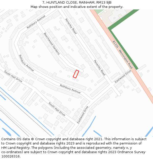 7, HUNTLAND CLOSE, RAINHAM, RM13 9JB: Location map and indicative extent of plot