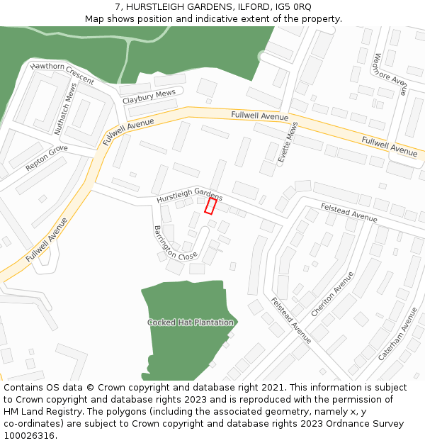 7, HURSTLEIGH GARDENS, ILFORD, IG5 0RQ: Location map and indicative extent of plot