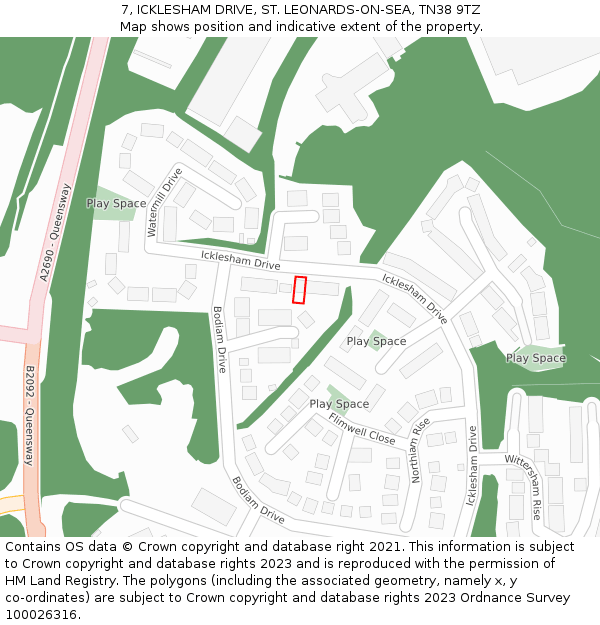 7, ICKLESHAM DRIVE, ST. LEONARDS-ON-SEA, TN38 9TZ: Location map and indicative extent of plot